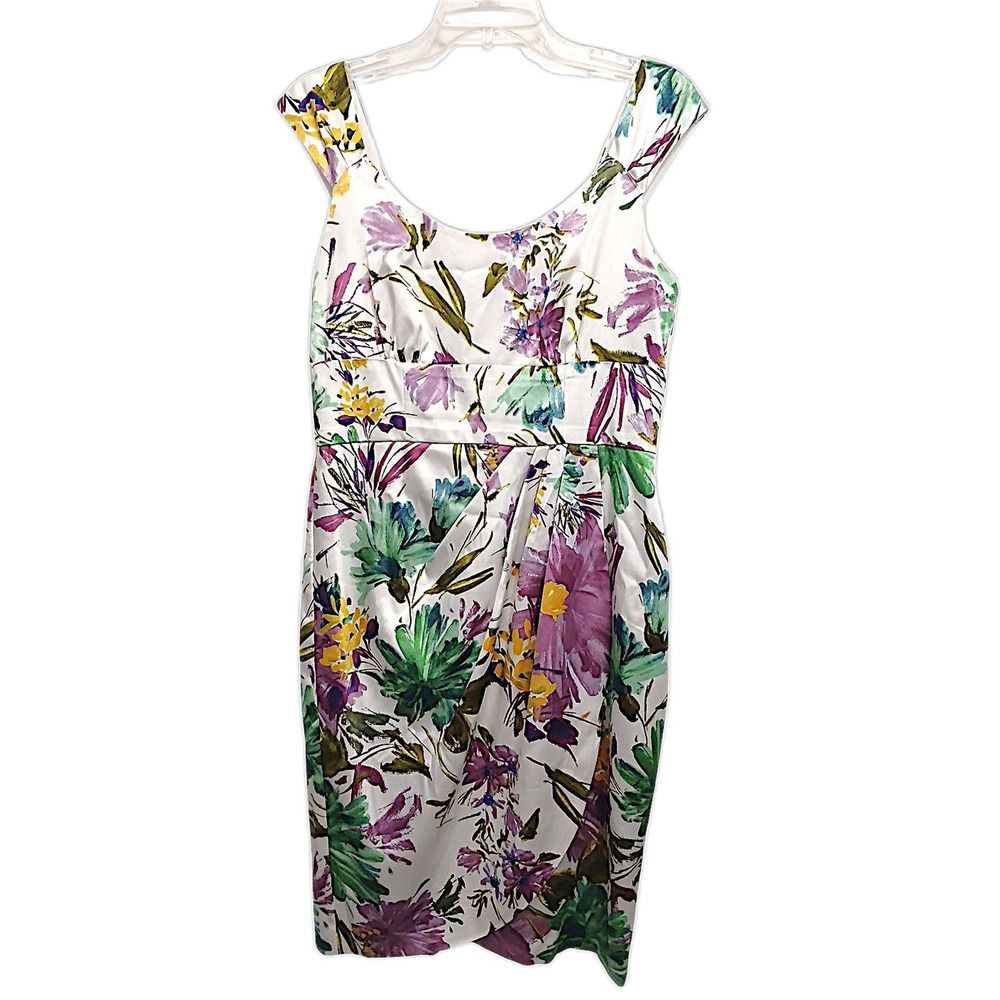 Maggy L. Floral Dress Women's Sz 12 White Purple Tropical Slky Faux Wrap Wedding